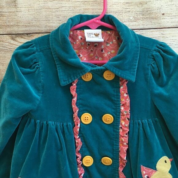 SAM AND SYDNEY UNIQUE WILDLIFE APPLIQUED RUFFLE COAT IN TEAL VELVETEEN - Picture 3 of 10